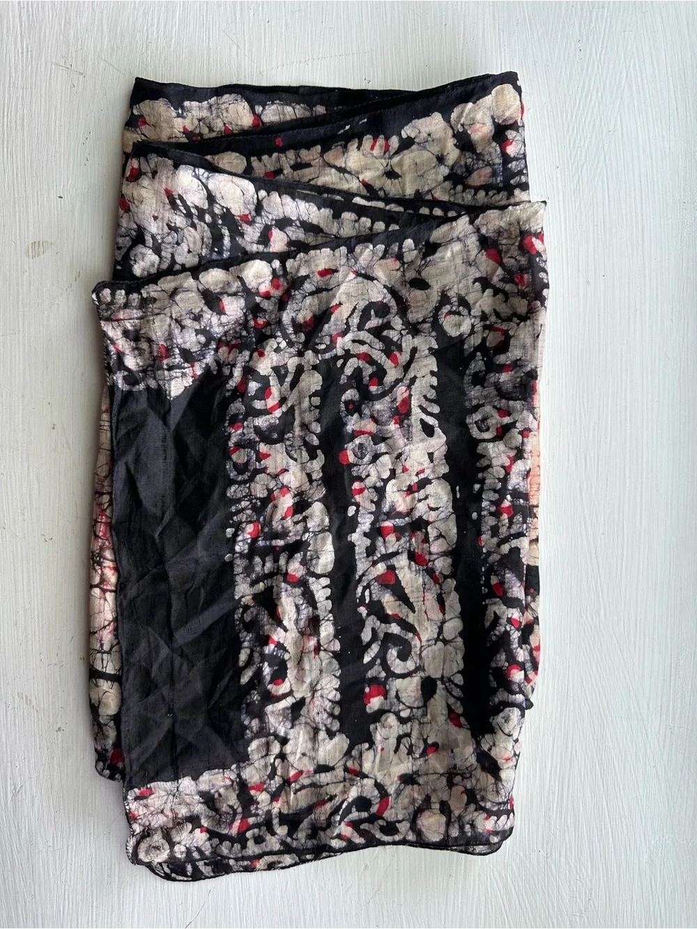 Handwoven Silk Scarf Batik Crackle Print Black Red Boho Indie Sleaze Wrap